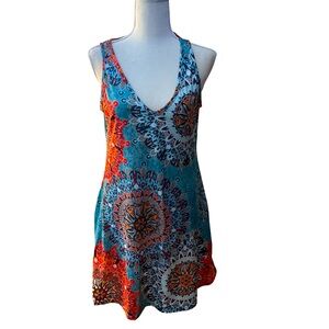 Suvimuga Blue Orange Tan Mandala Print Tank Dress Size Medium cotton sleeveless